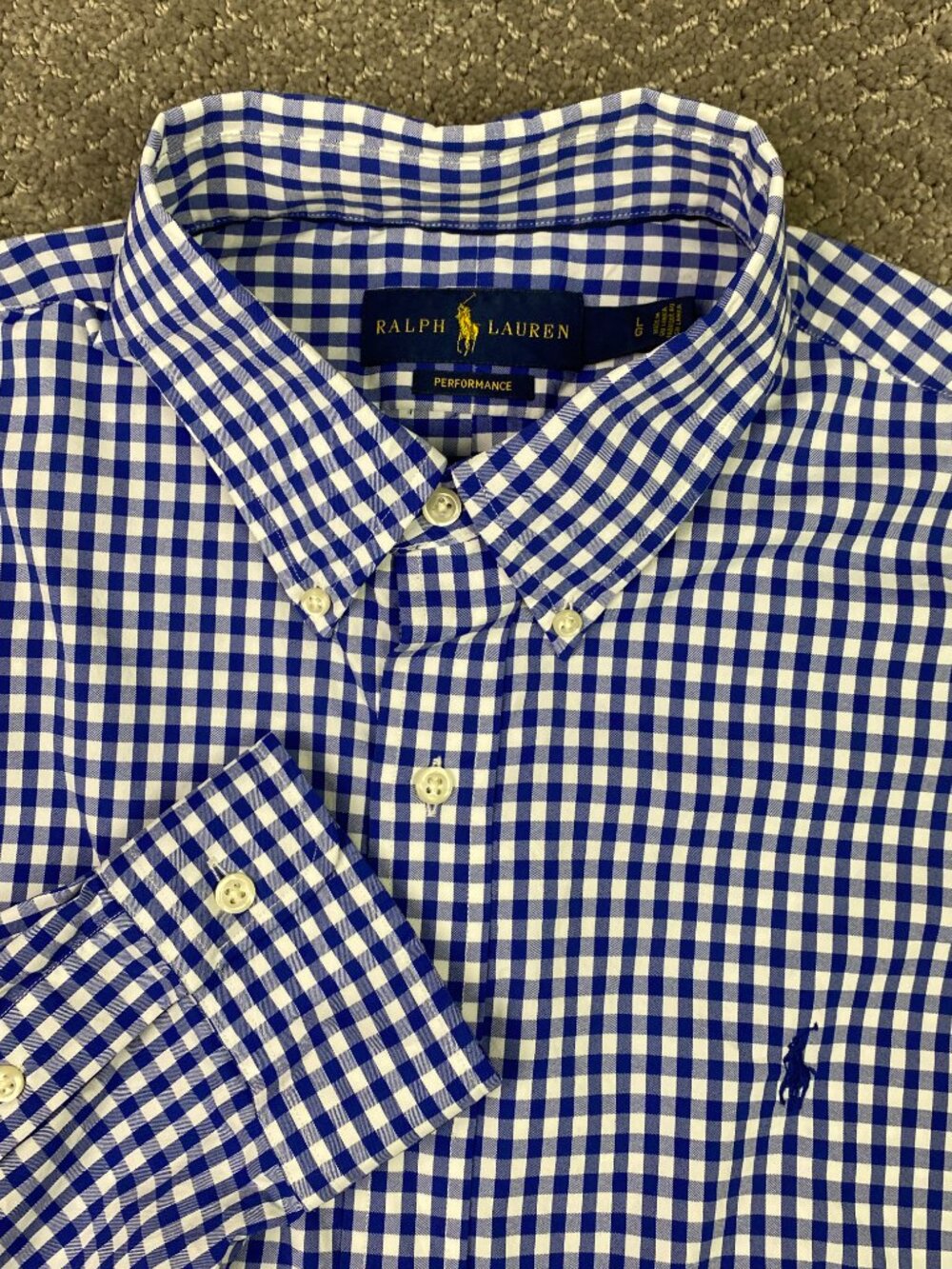 Ralph Lauren Performance Button Down Shirt Mens Large Blue White Gingham Nylon